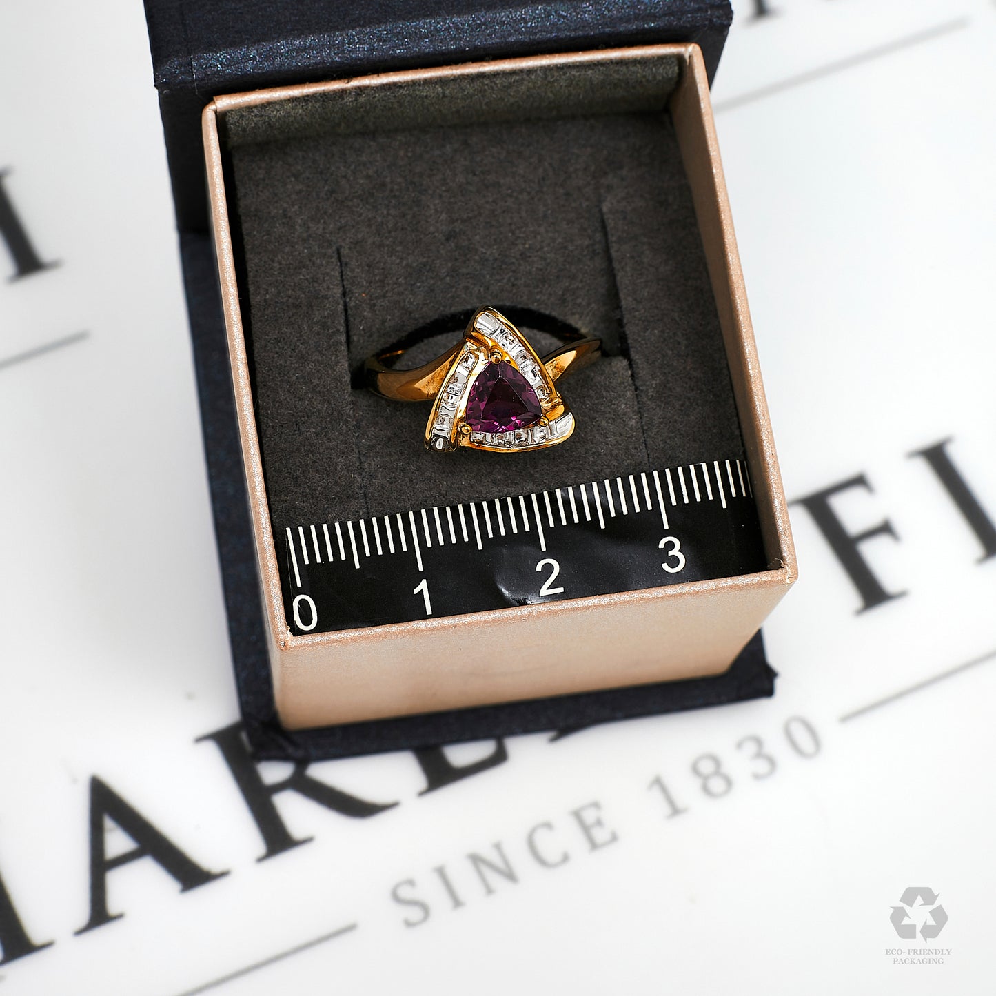 Pre-Owned 9ct Gold Triangular Garnet & Diamond Ring Size N