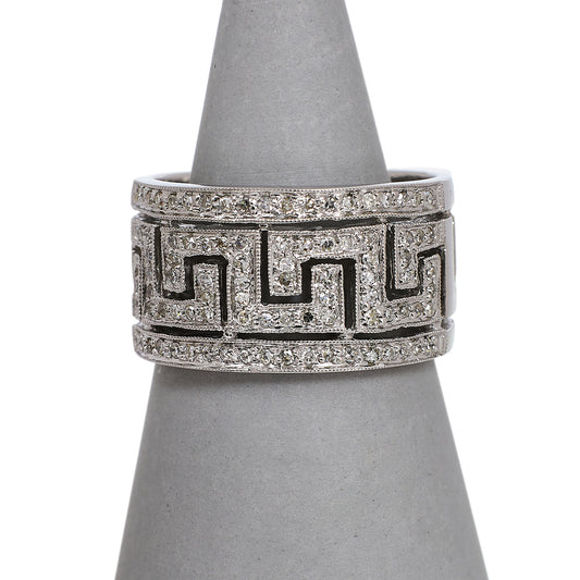 Pre-Owned 9ct White Gold & Diamond Greek Key Ring Size T
