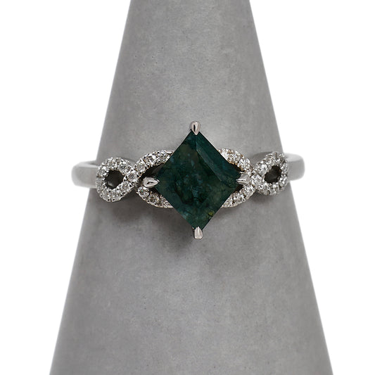 Pre-Owned 14ct White Gold Moss Agate & Diamond Ring Size L