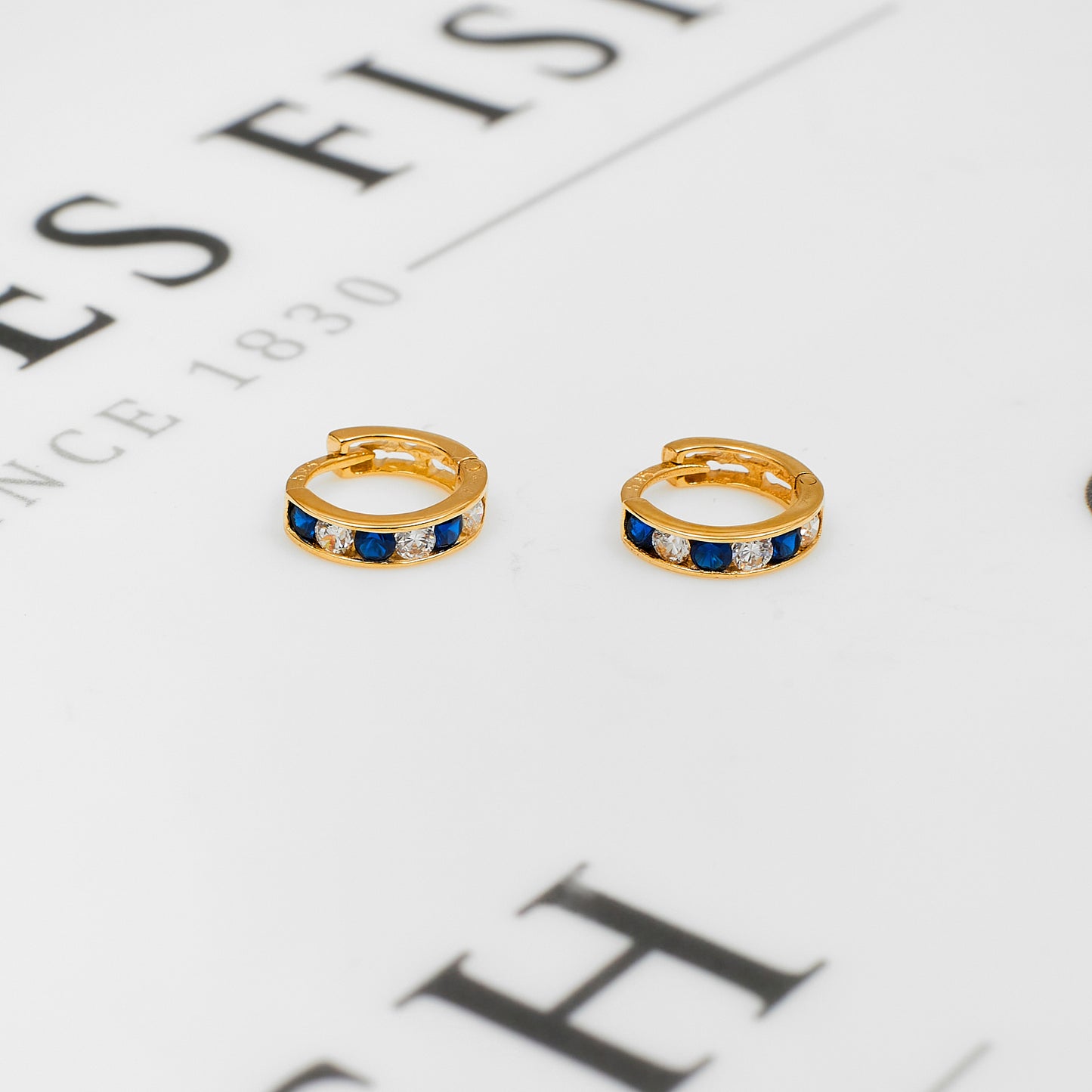 Pre-Owned 14ct Gold Blue & White CZ Set Hoop Earrings
