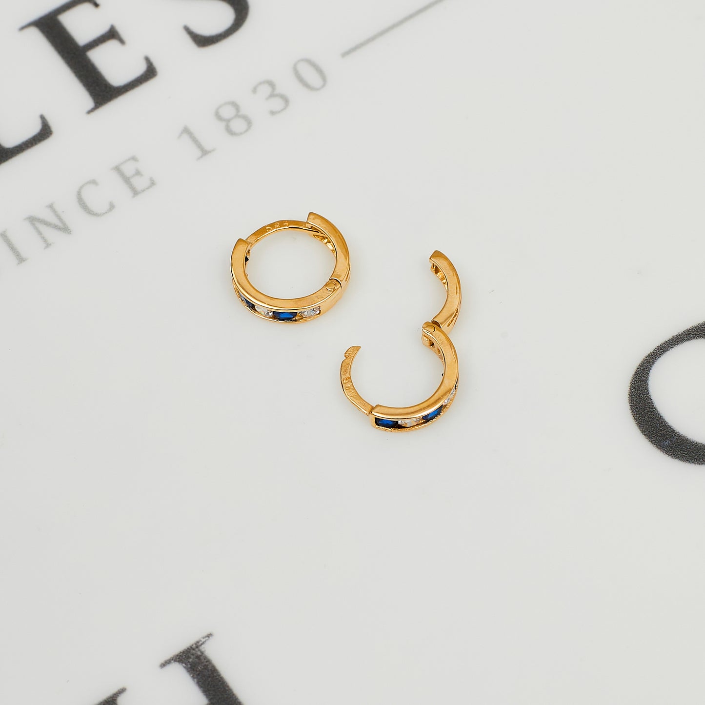 Pre-Owned 14ct Gold Blue & White CZ Set Hoop Earrings
