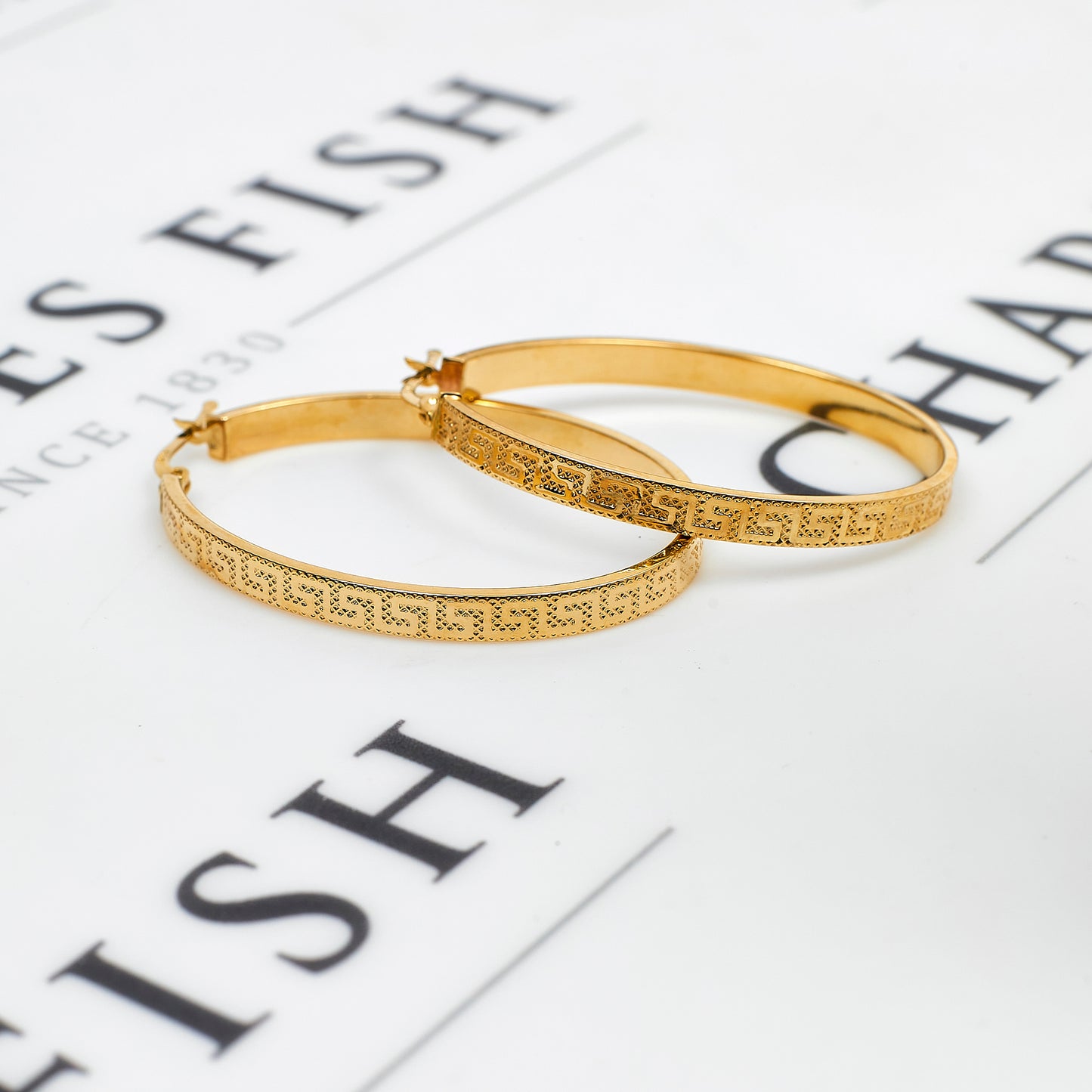 Pre-Owned 14ct Gold Greek Key Oval Creole Hoop Earrings