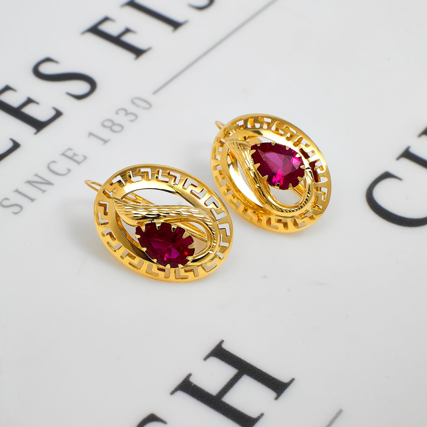 Pre-Owned 14ct Gold Greek Key Earrings & Synthetic Red Stone