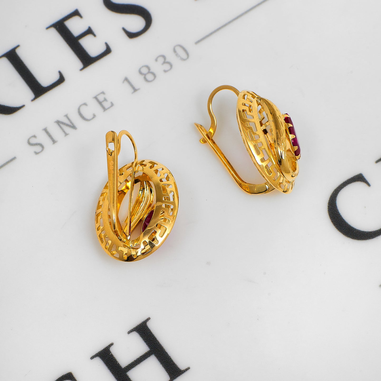 Pre-Owned 14ct Gold Greek Key Earrings & Synthetic Red Stone