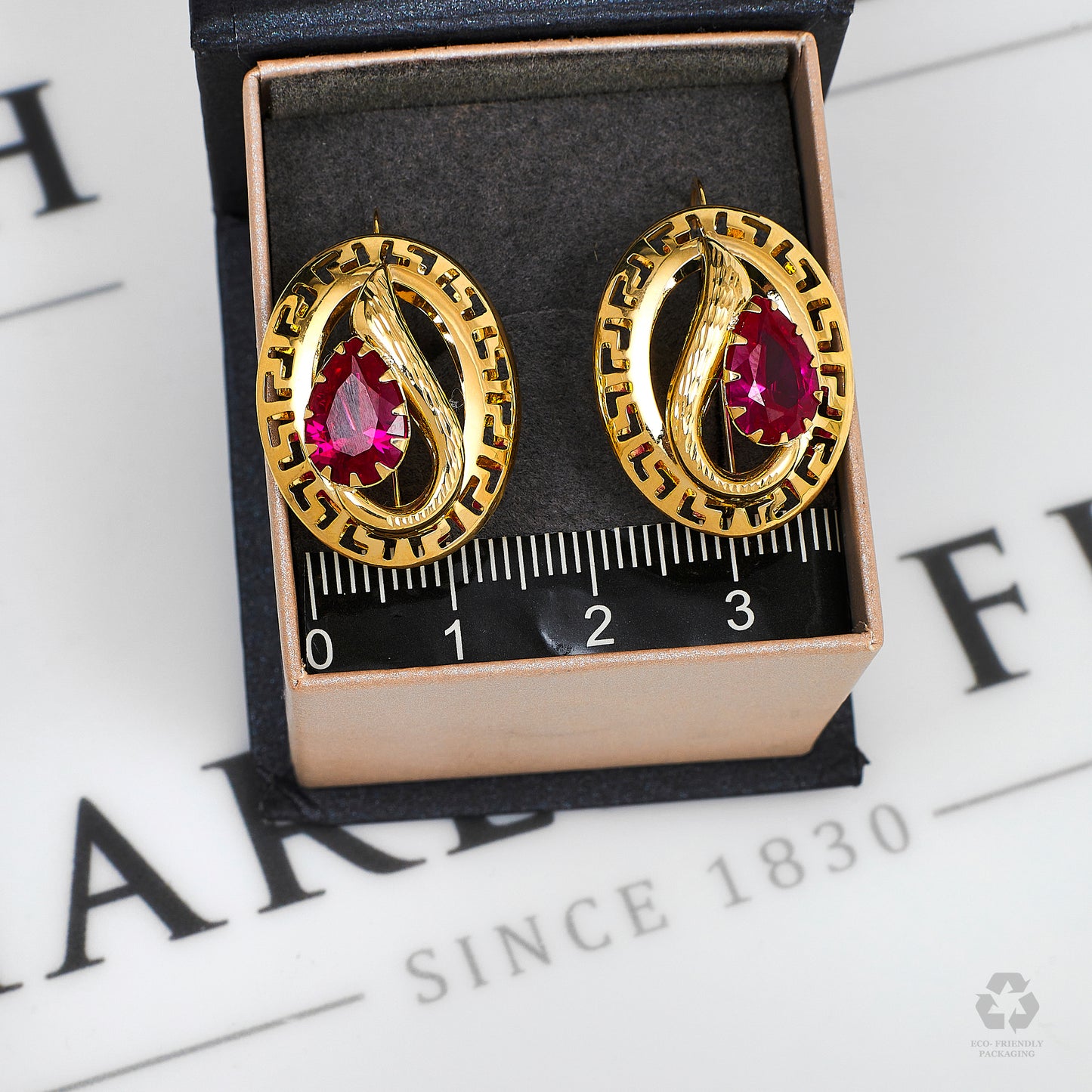 Pre-Owned 14ct Gold Greek Key Earrings & Synthetic Red Stone