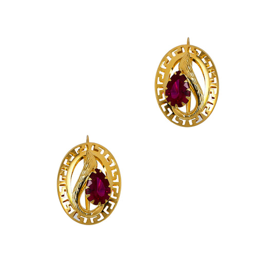 Pre-Owned 14ct Gold Greek Key Earrings & Synthetic Red Stone
