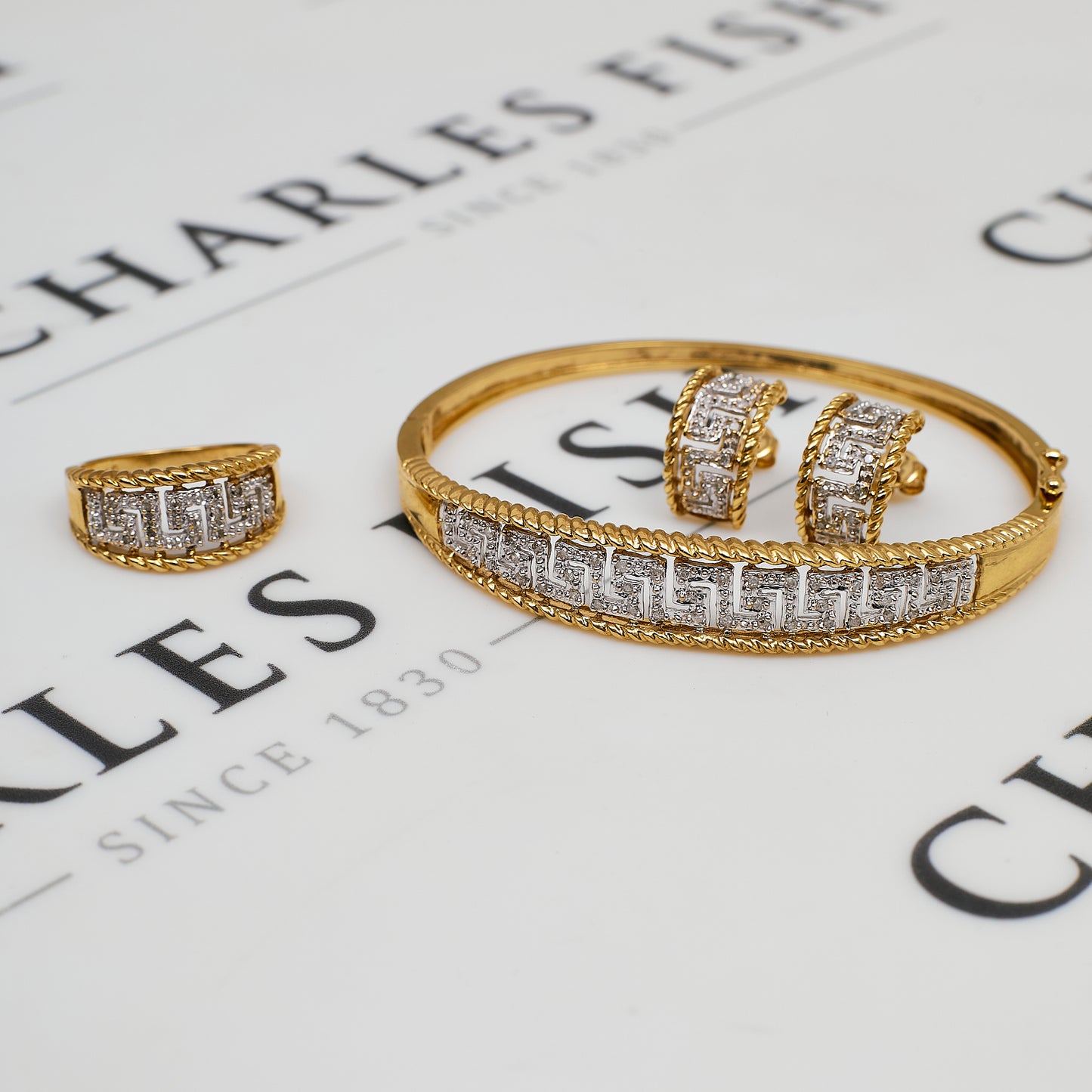 Pre-Owned 9ct Gold & Diamond Greek Key Design Jewellery SET