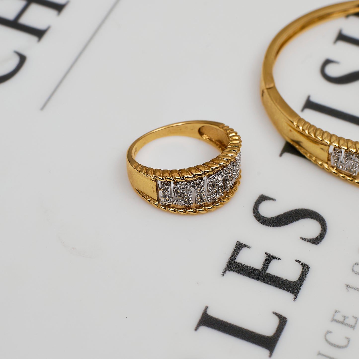 Pre-Owned 9ct Gold & Diamond Greek Key Design Jewellery SET