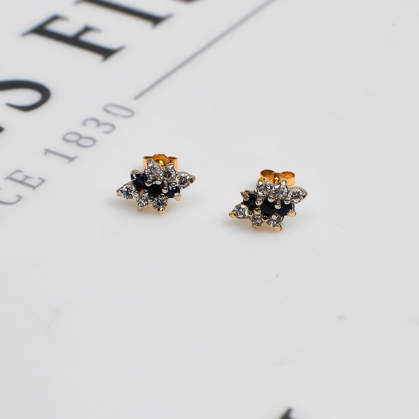 Pre-Owned 9ct Gold Sapphire & CZ Rhombus Shape Stud Earrings