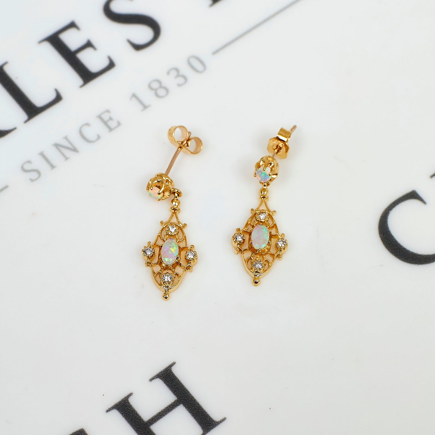Pre-Owned 9ct Gold Opal & Diamond Drop Earrings