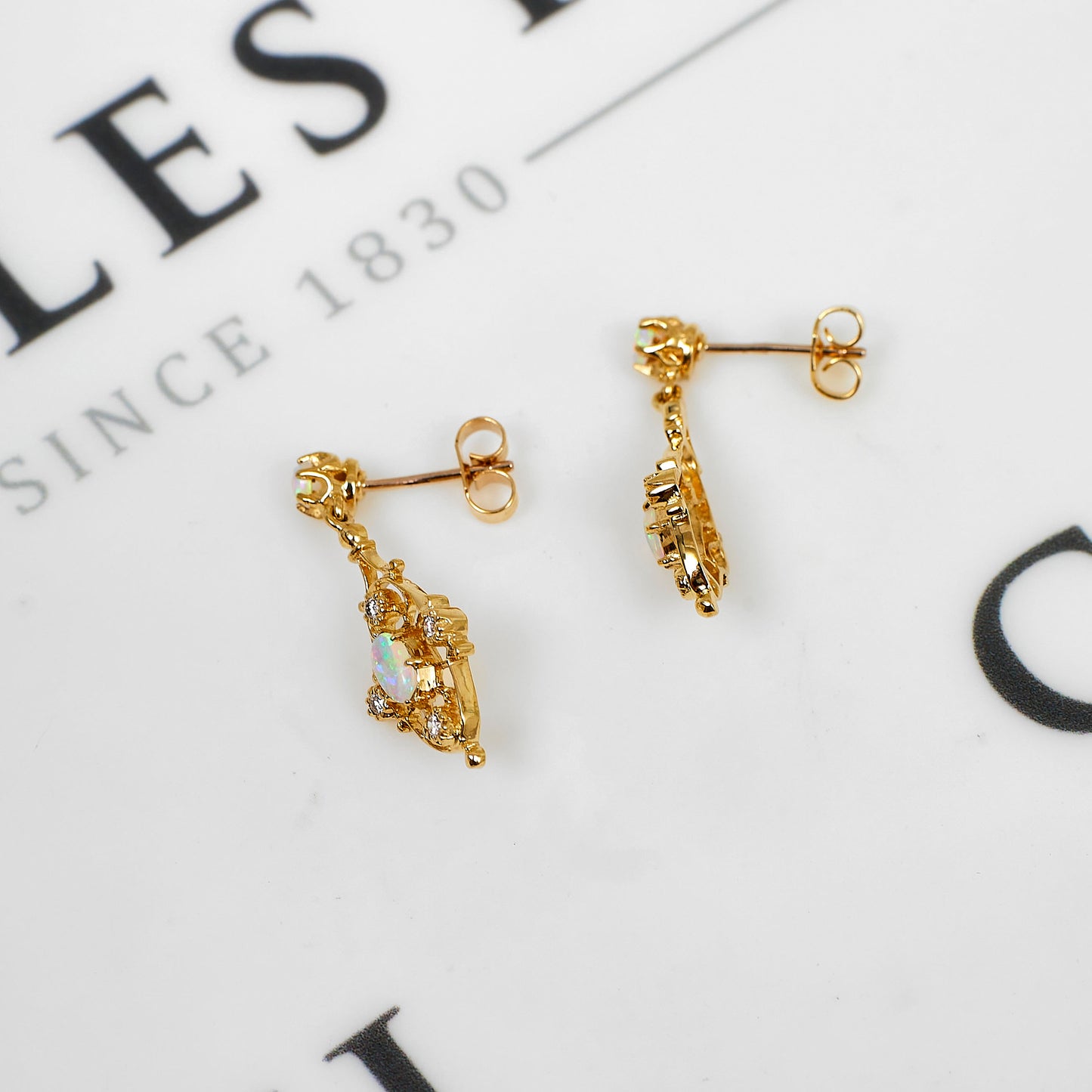 Pre-Owned 9ct Gold Opal & Diamond Drop Earrings