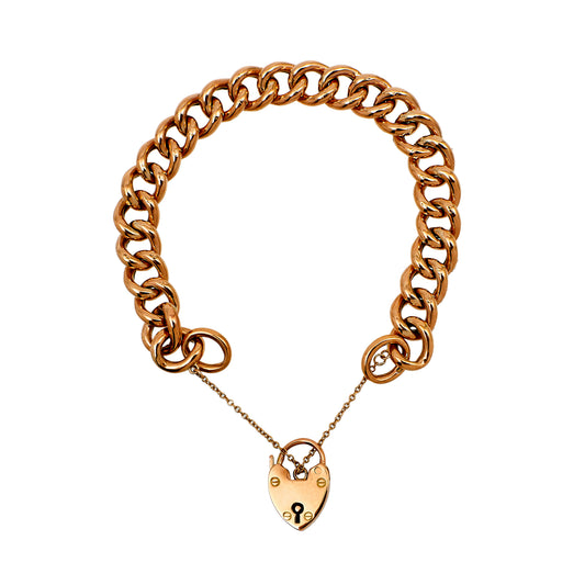 Pre-Owned 9ct Gold Curb Chain Bracelet & Heart Padlock