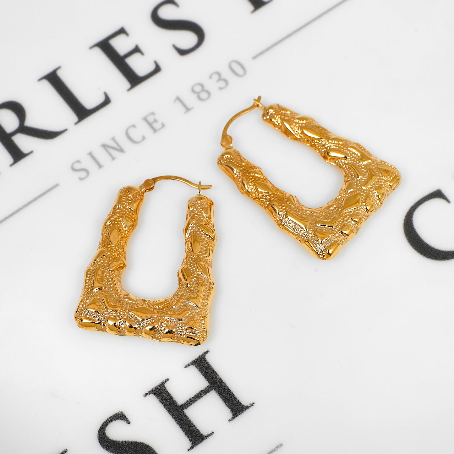Pre-Owned 9ct Gold Triangle Bark Texture Creole Earrings