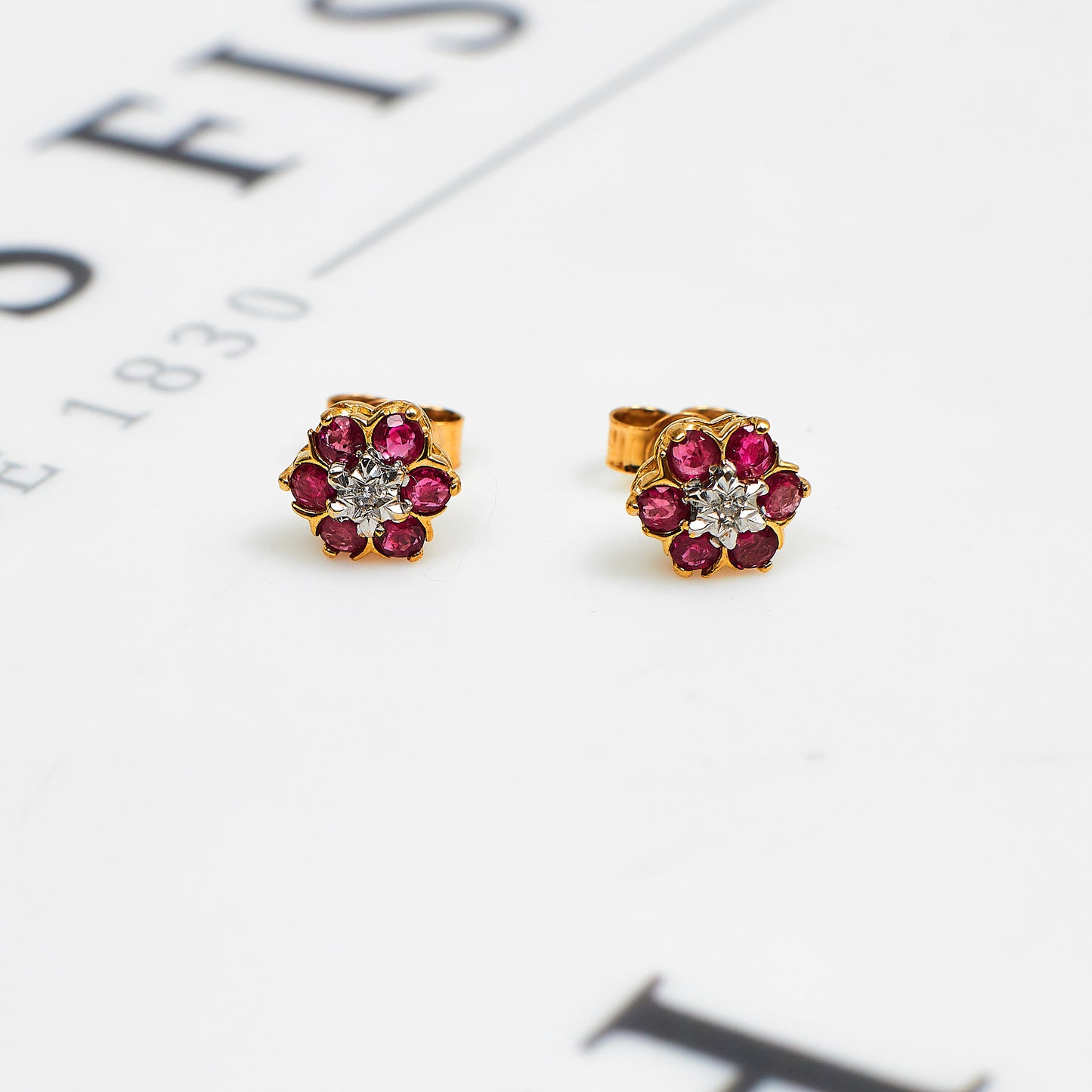Pre-Owned 9ct Gold Ruby & Diamond Cluster Stud Earrings