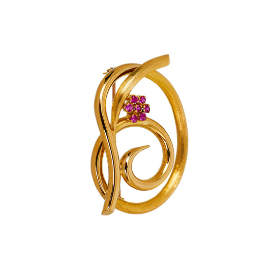 Pre-Owned 18ct Gold Swirl Brooch & Synthetic Ruby Cluster
