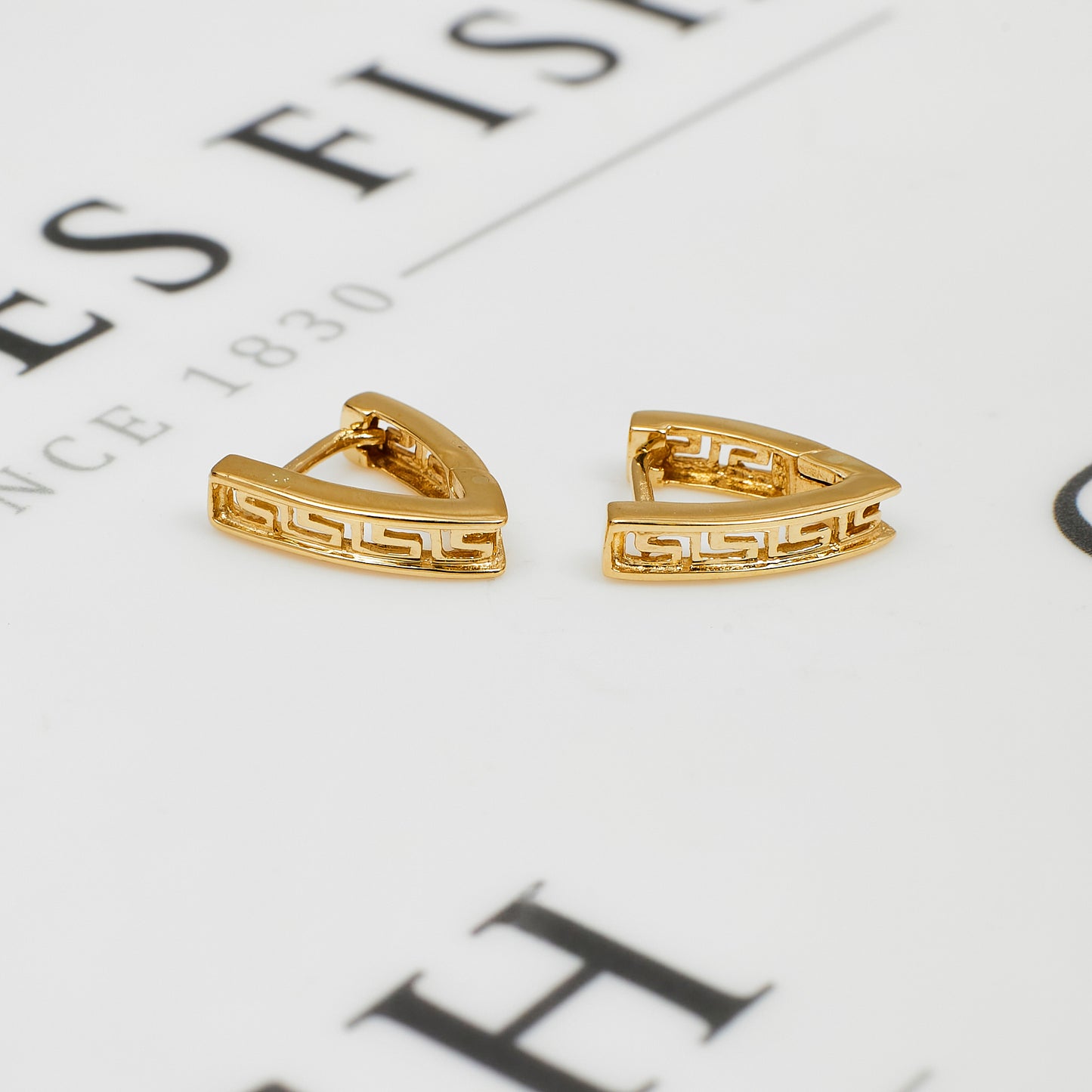 Pre-Owned 14ct Gold Greek Key Drop Hinged Earrings