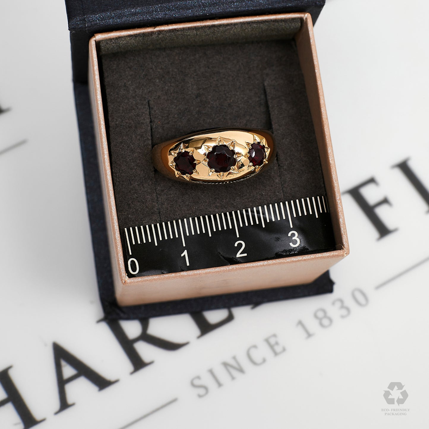 Pre-Owned 9ct Gold 3 Garnet Gypsy Ring Size T