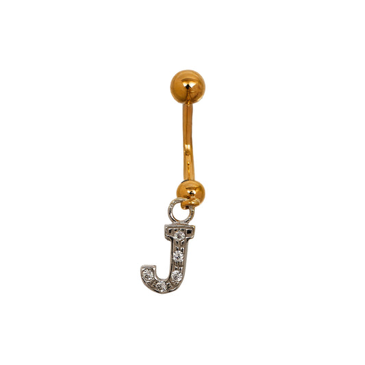 Pre-Owned 9ct Gold CZ J Initial Drop Belly Bar 