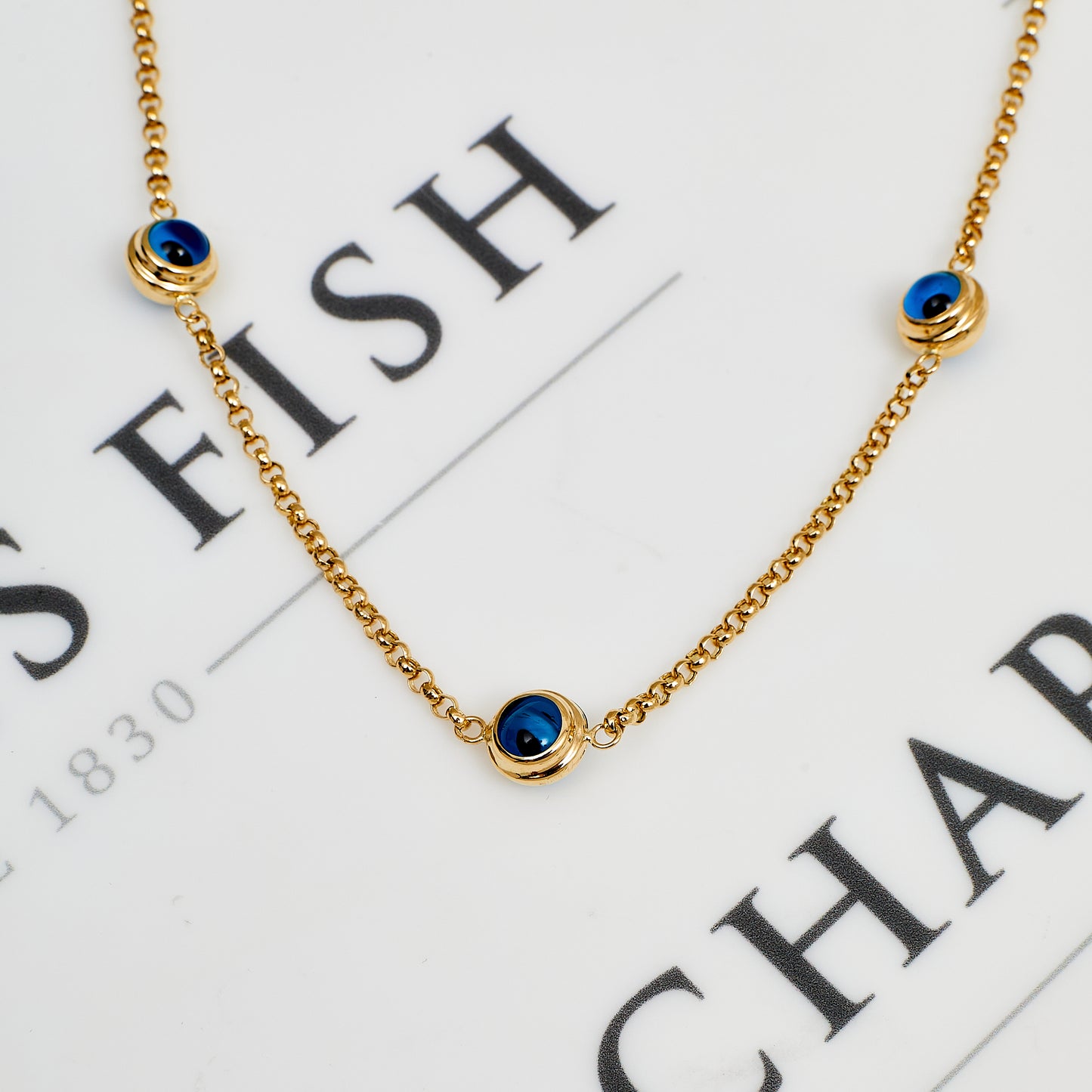 Pre-Owned 14ct Gold 5 Evil Eyes Belcher Necklace 18 Inch