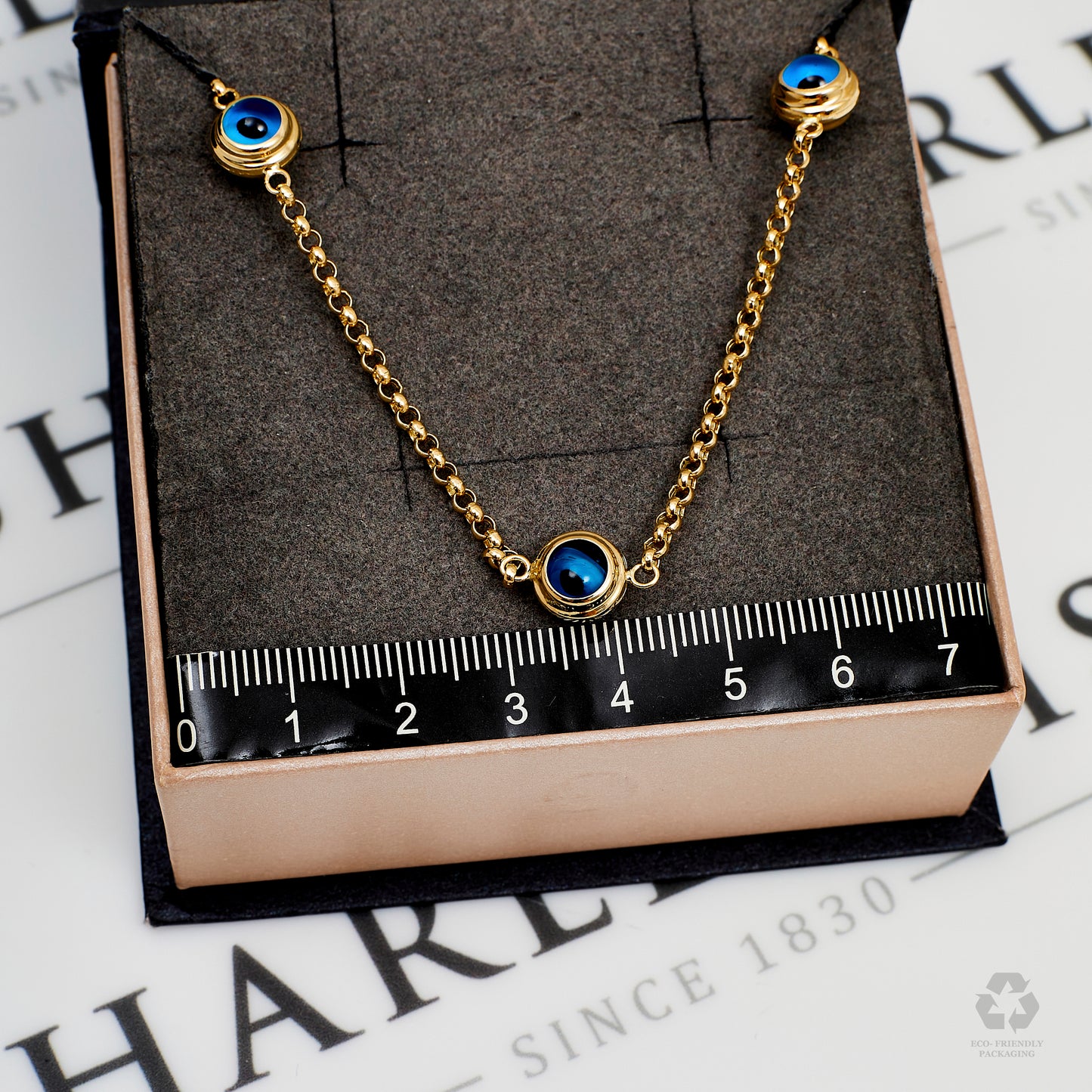 Pre-Owned 14ct Gold 5 Evil Eyes Belcher Necklace 18 Inch