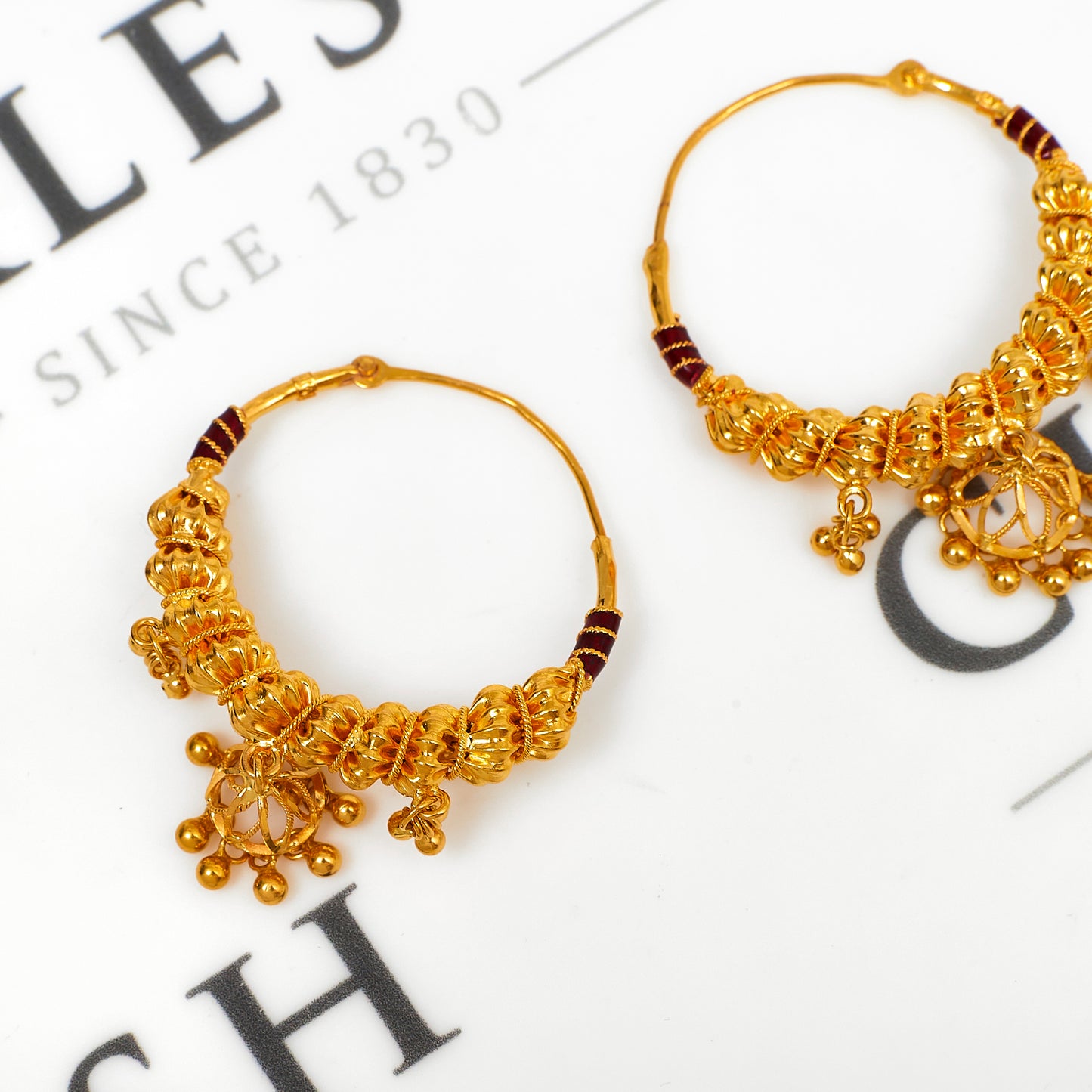 Pre-Owned 22ct Gold Hoop Earrings Jhumkas & Enamel Detail