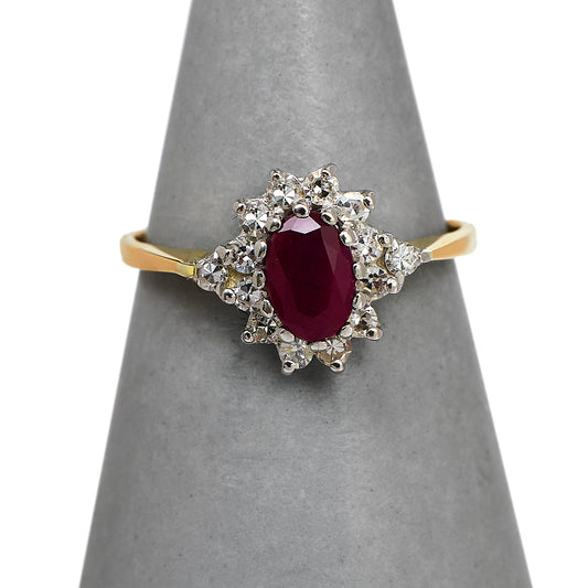 Pre-Owned 9ct Gold Glass Filled Ruby & Diamond Cluster Ring