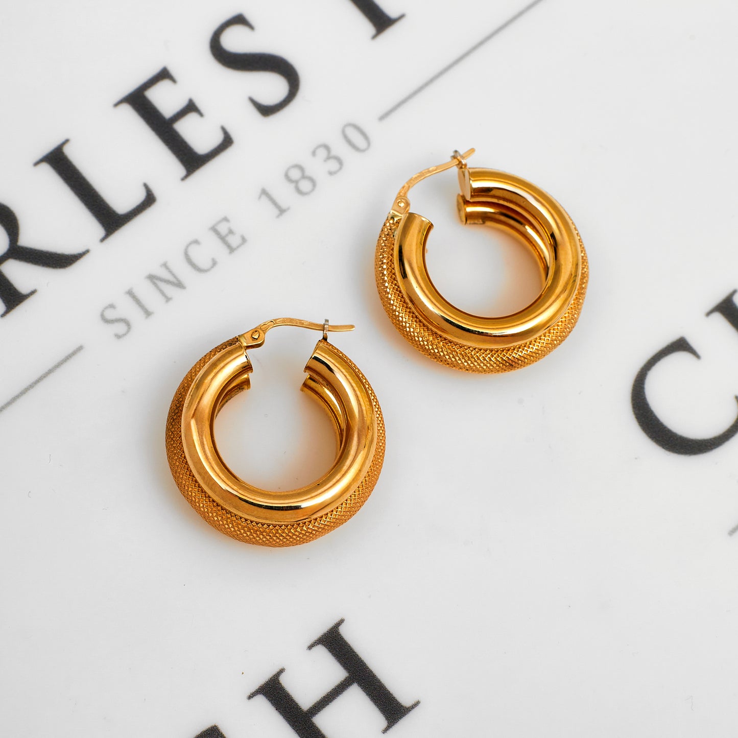 Pre-Owned 9ct Gold 3 Row Multi Texture Creole Hoop Earrings