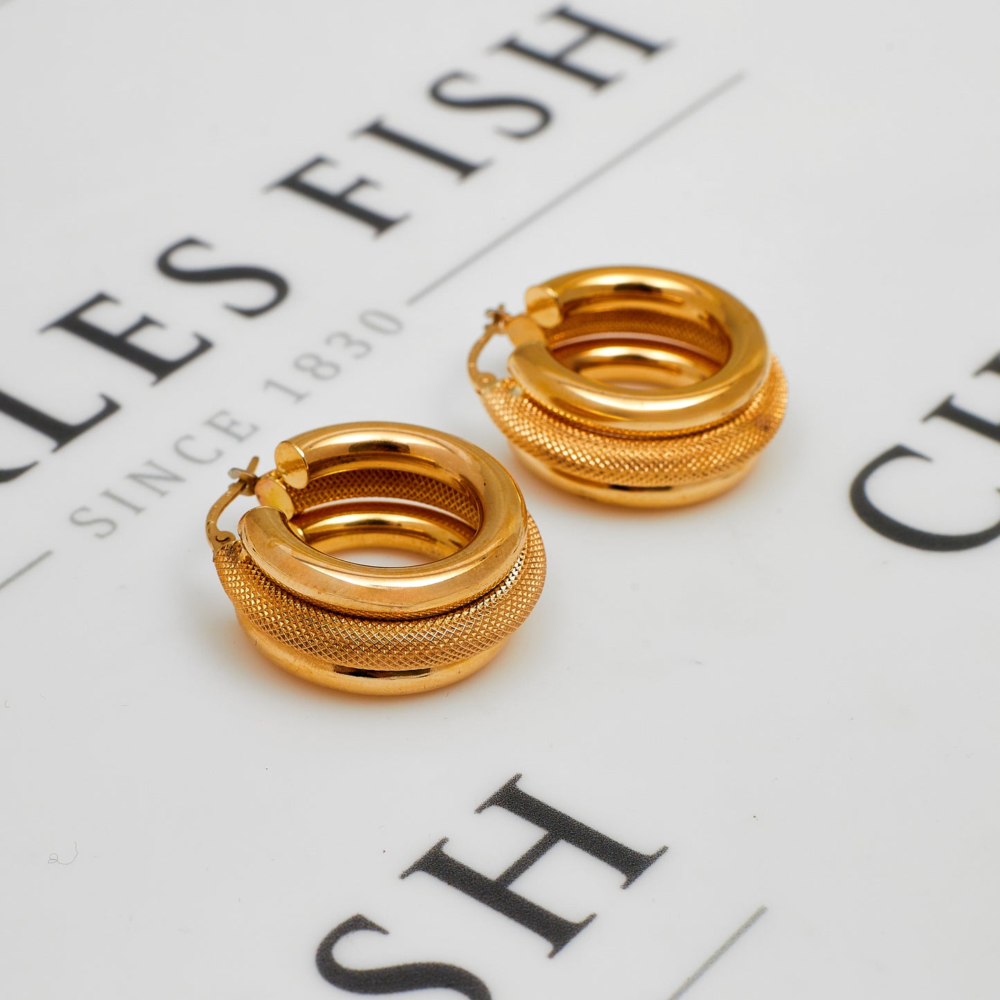 Pre-Owned 9ct Gold 3 Row Multi Texture Creole Hoop Earrings