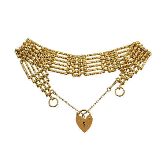 Pre-Owned 9ct Gold 6 Row Gate Bracelet & Heart Padlock