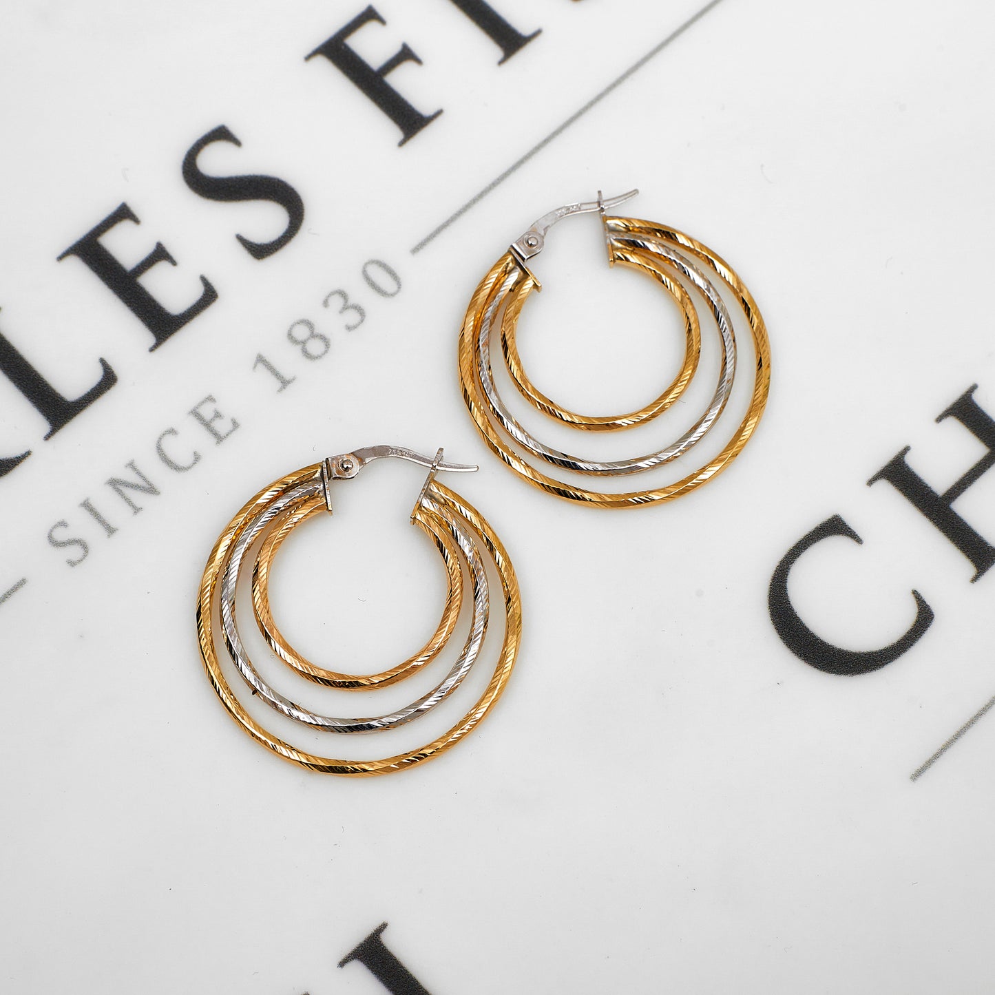 Pre-Owned 9ct Gold 2 Tone 3 Row Creole Hoop Earrings