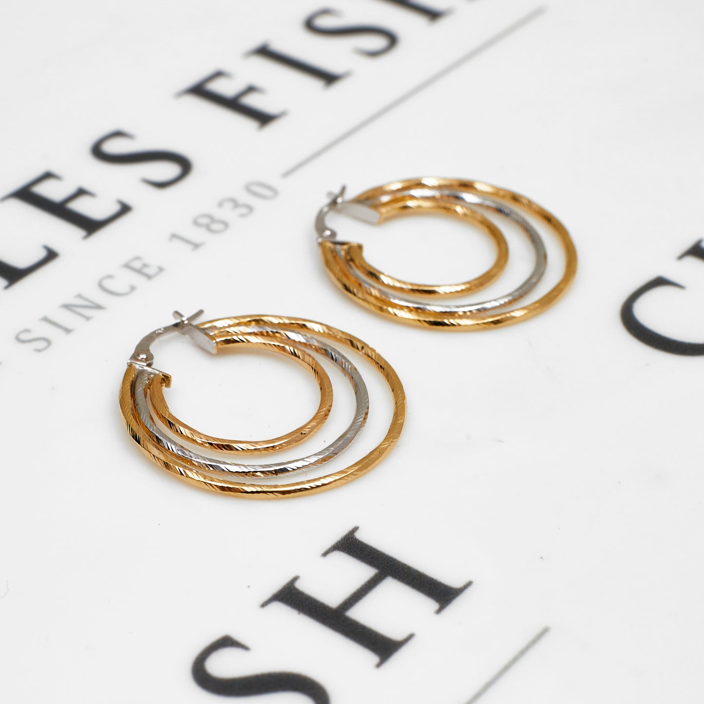 Pre-Owned 9ct Gold 2 Tone 3 Row Creole Hoop Earrings