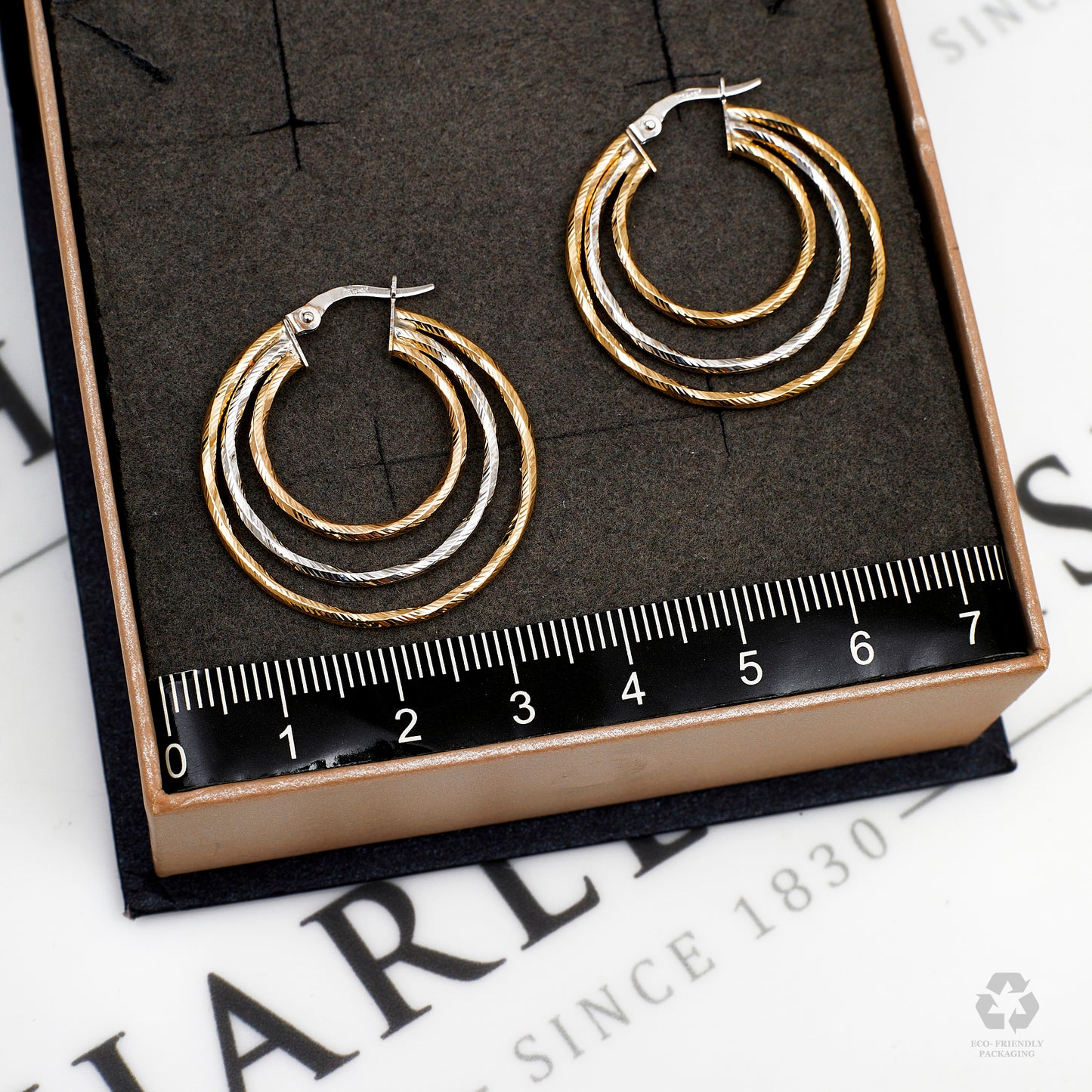 Pre-Owned 9ct Gold 2 Tone 3 Row Creole Hoop Earrings