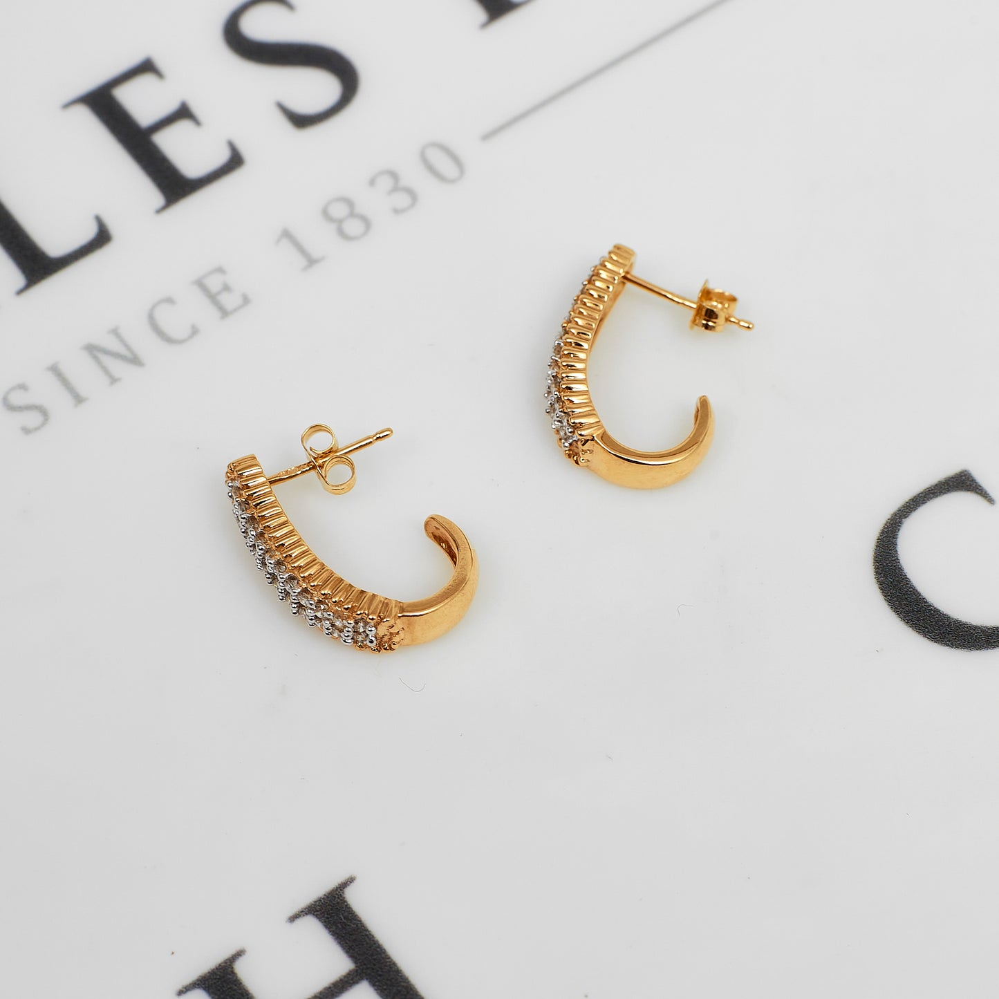 Pre-Owned 9ct Gold & Diamond J Shape Stud Earrings