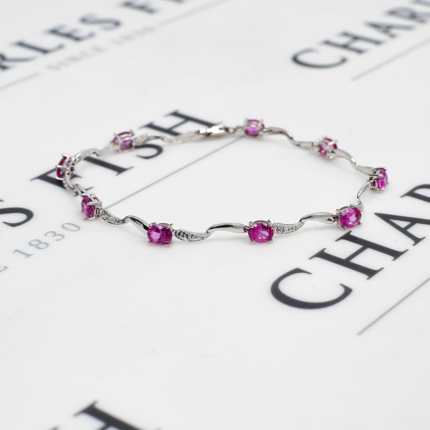 Pre-Owned 9ct White Gold Pink Sapphire Bracelet 7.5 Inch