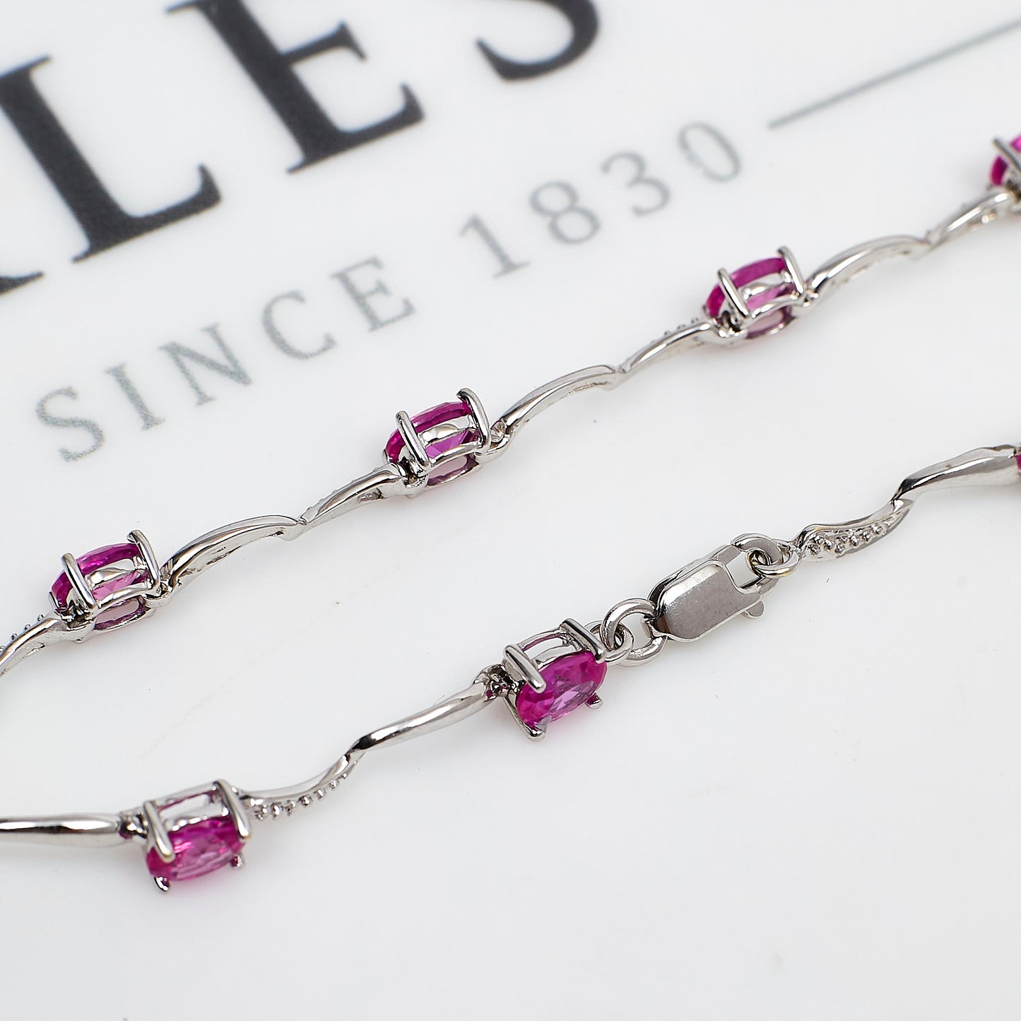 Pre-Owned 9ct White Gold Pink Sapphire Bracelet 7.5 Inch
