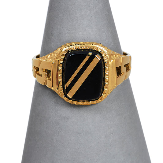 Pre-Owned 9ct Gold Onyx Signet Ring & Gold Stripes Size P