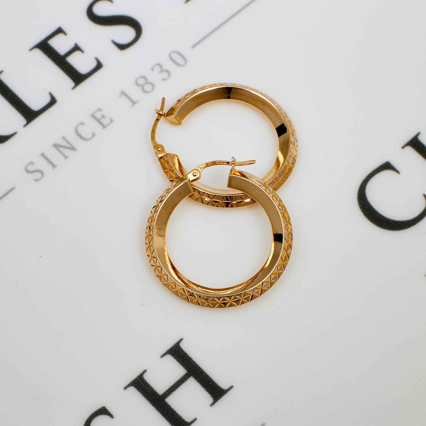 Pre-Owned 9ct Gold Star Pattern Creole Hoop Earrings