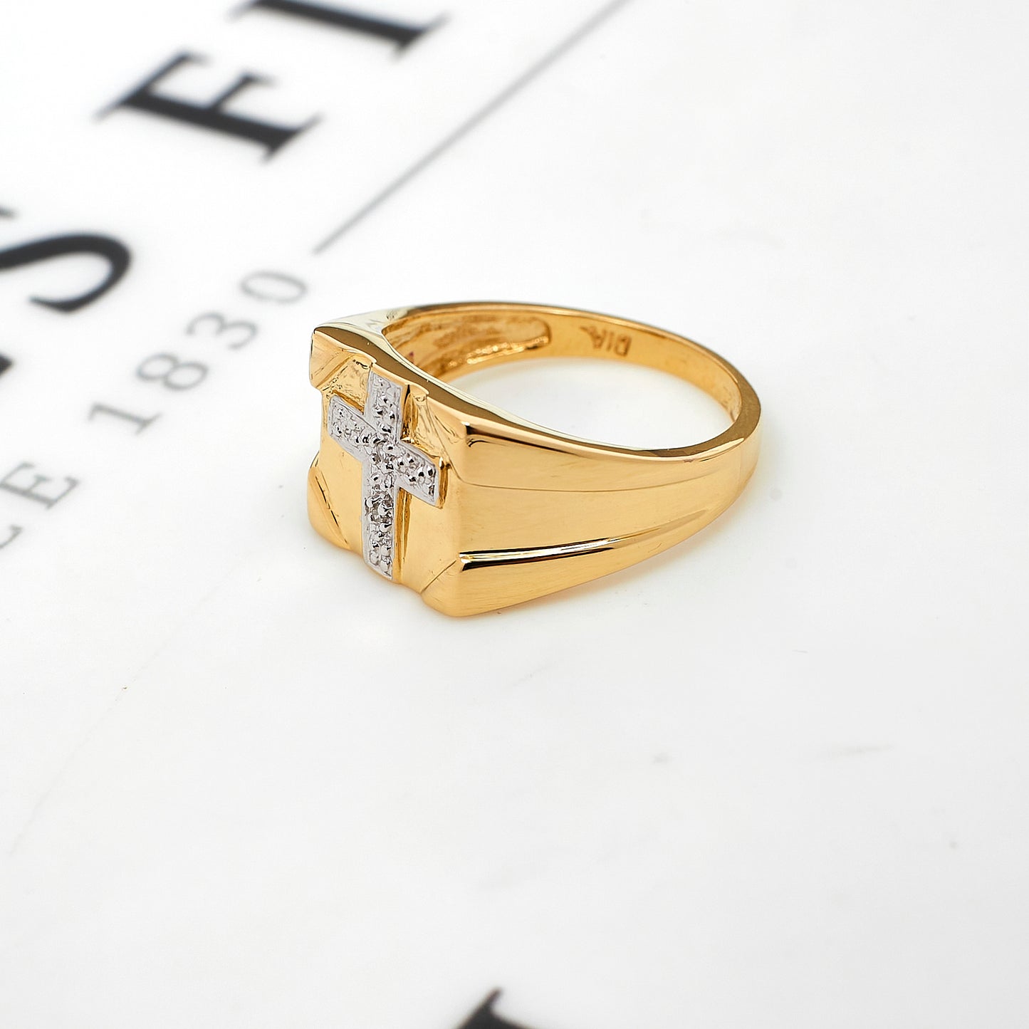 Pre-Owned 9ct Gold Diamond Cross Signet Ring Size R