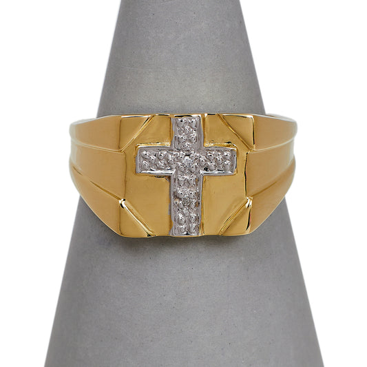 Pre-Owned 9ct Gold Diamond Cross Signet Ring Size R