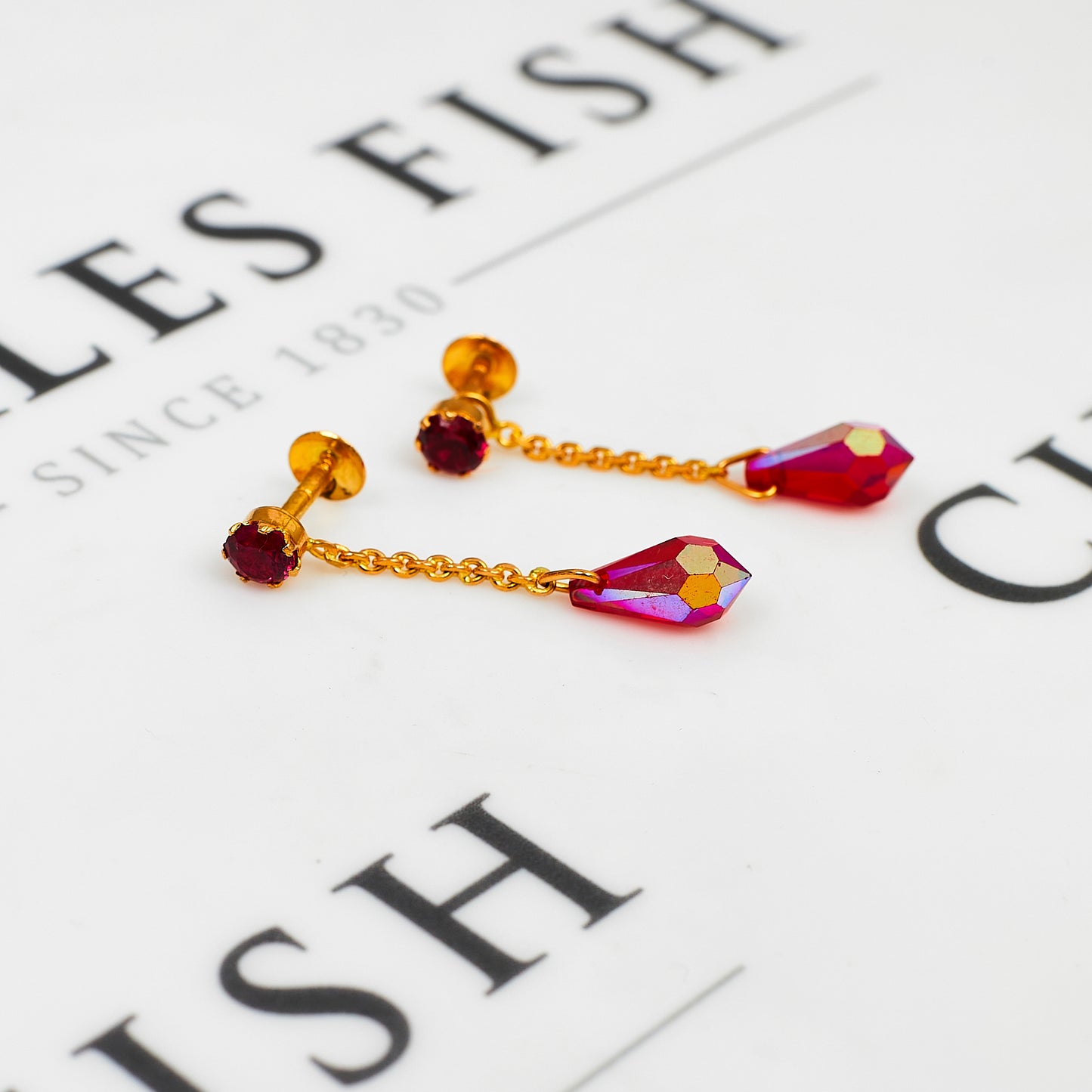 Pre-Owned 22ct Gold Red Crystal Drop Earrings