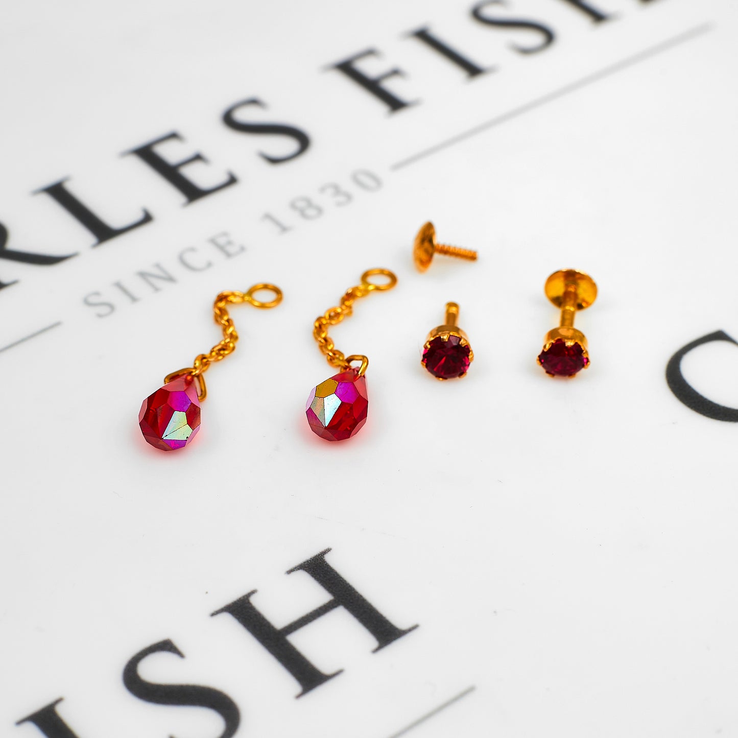 Pre-Owned 22ct Gold Red Crystal Drop Earrings