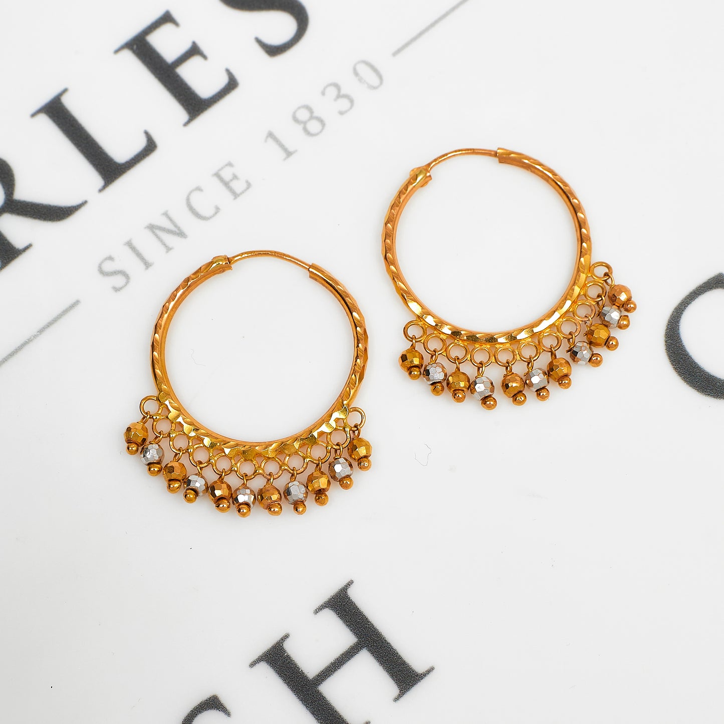 Pre-Owned 22ct Gold 2 Tone Sleeper Hoop Earrings Beads Drop