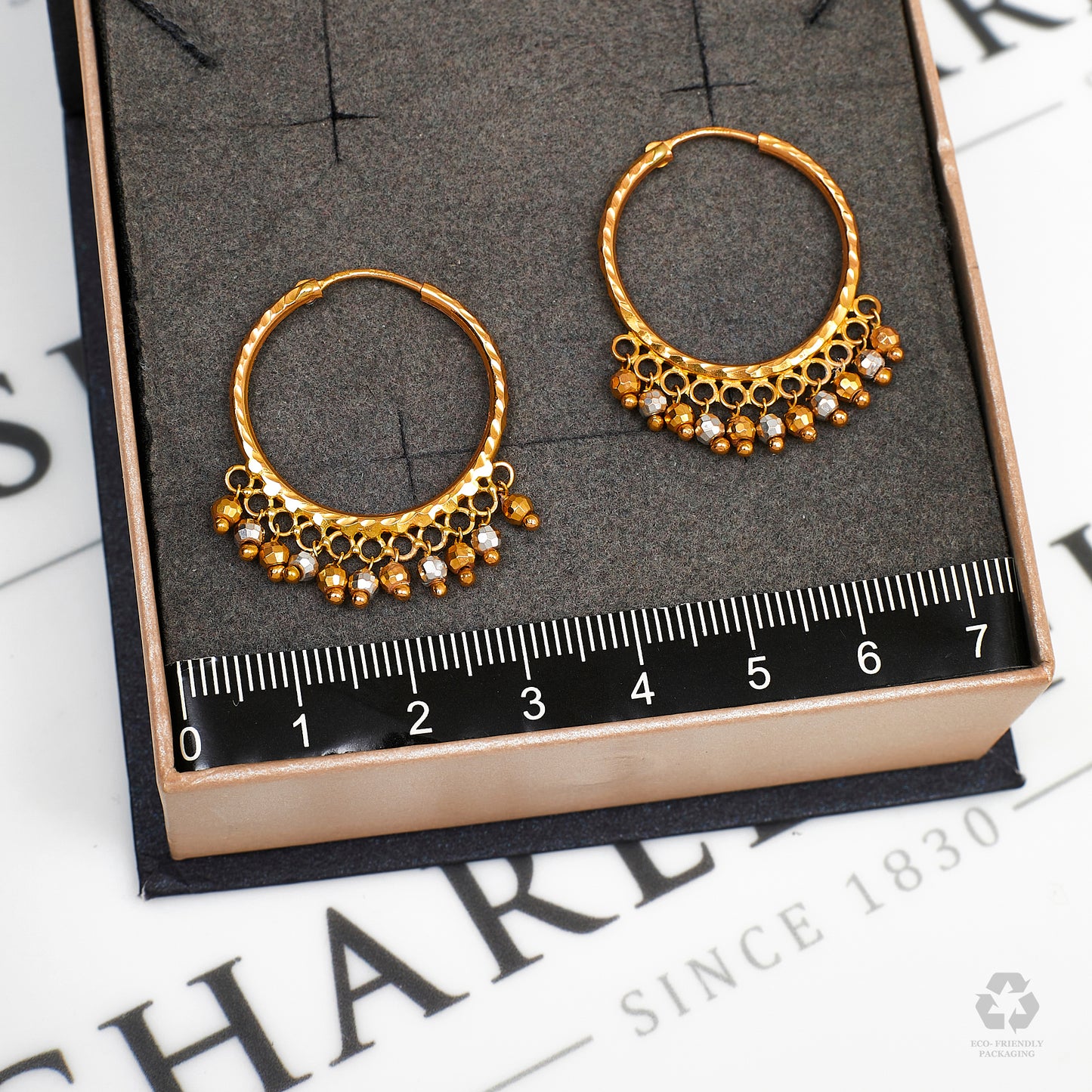 Pre-Owned 22ct Gold 2 Tone Sleeper Hoop Earrings Beads Drop