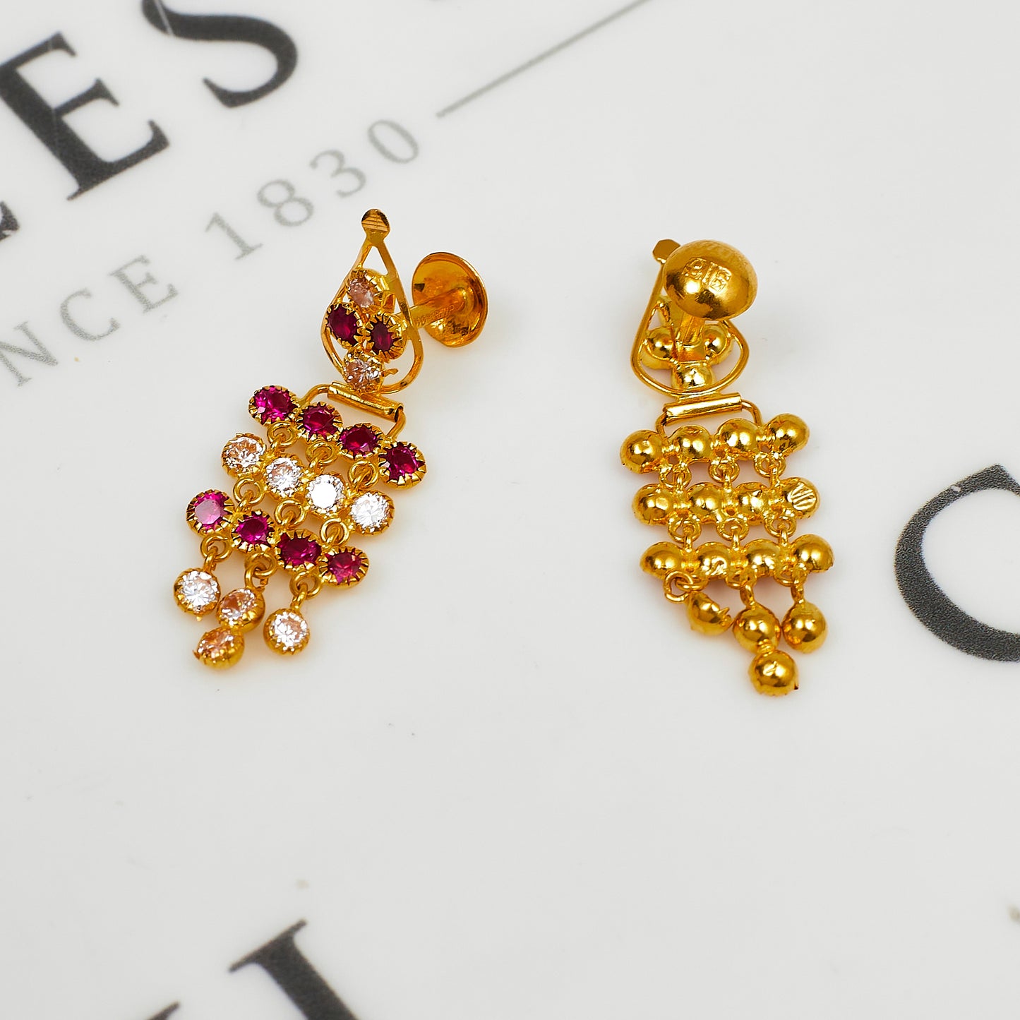 Pre-Owned 22ct Gold Synthetic Red & White Stone Earrings