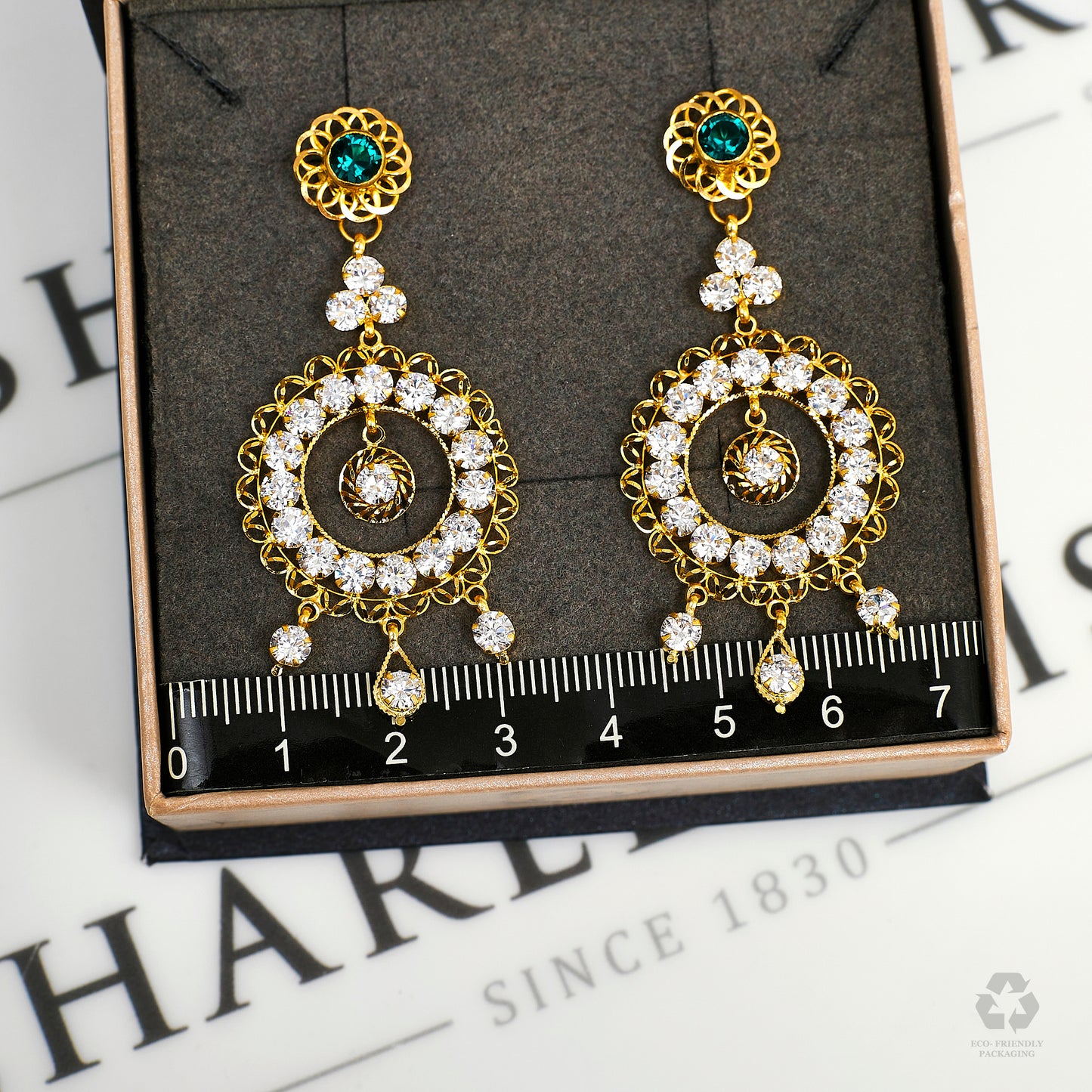 Pre-Owned 22ct Gold Round Green & White CZ  Drop Earrings