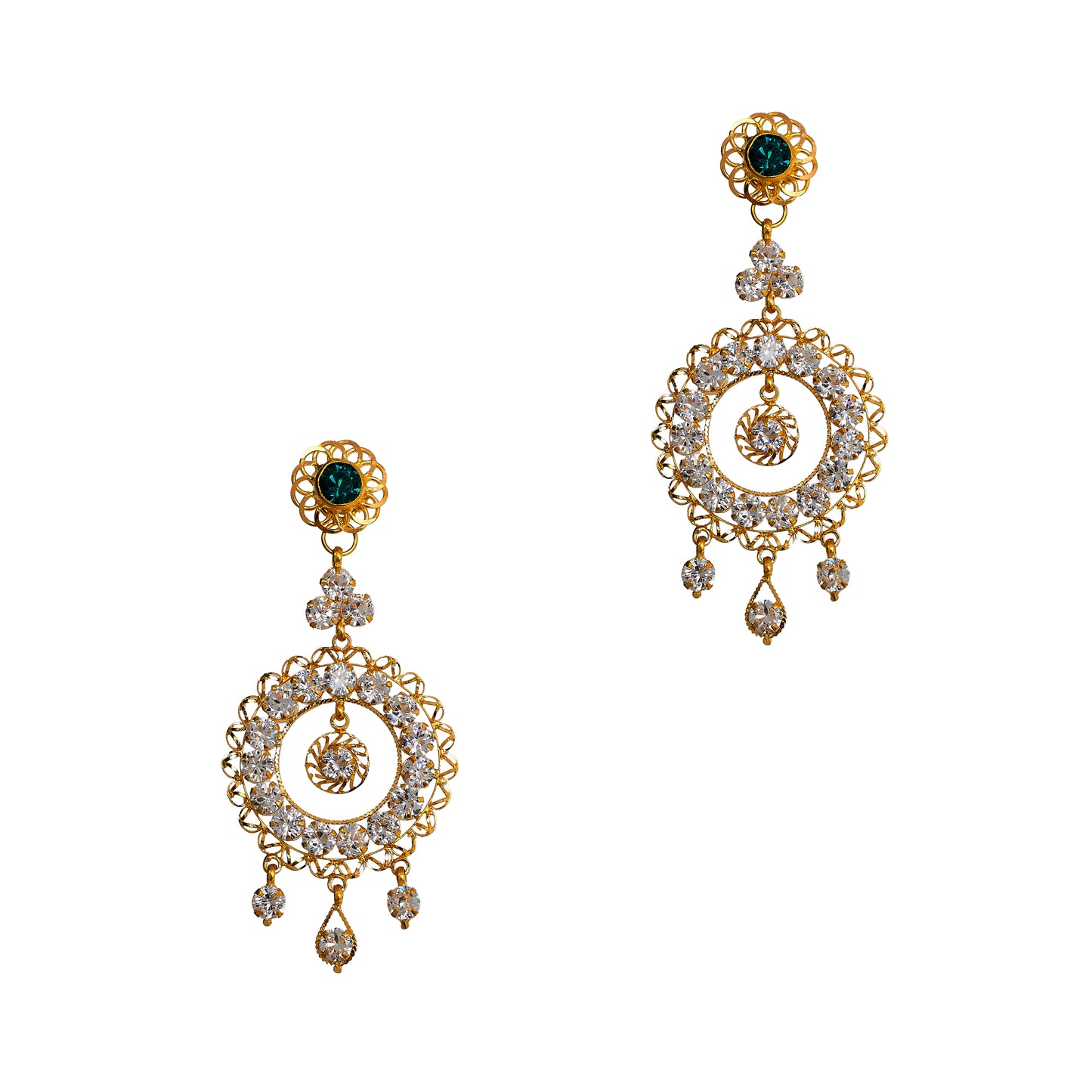 Pre-Owned 22ct Gold Round Green & White CZ  Drop Earrings
