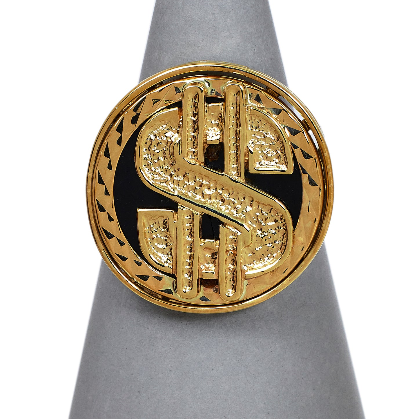 Pre-Owned 9ct Gold Dollar Symbol Round Onyx Ring Size R