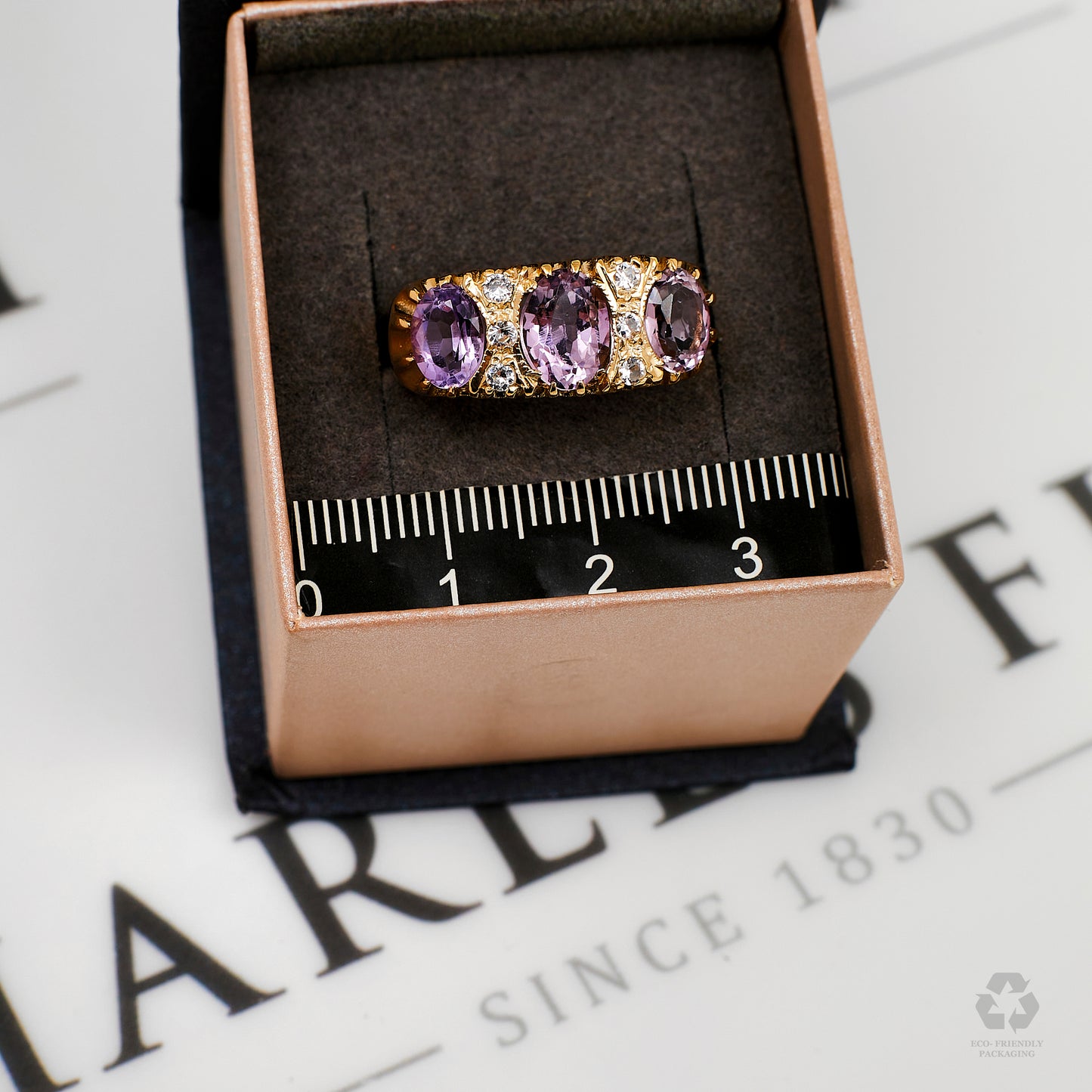 Pre-Owned 9ct Gold 3 Amethyst & 6 CZ Dress Ring Size U