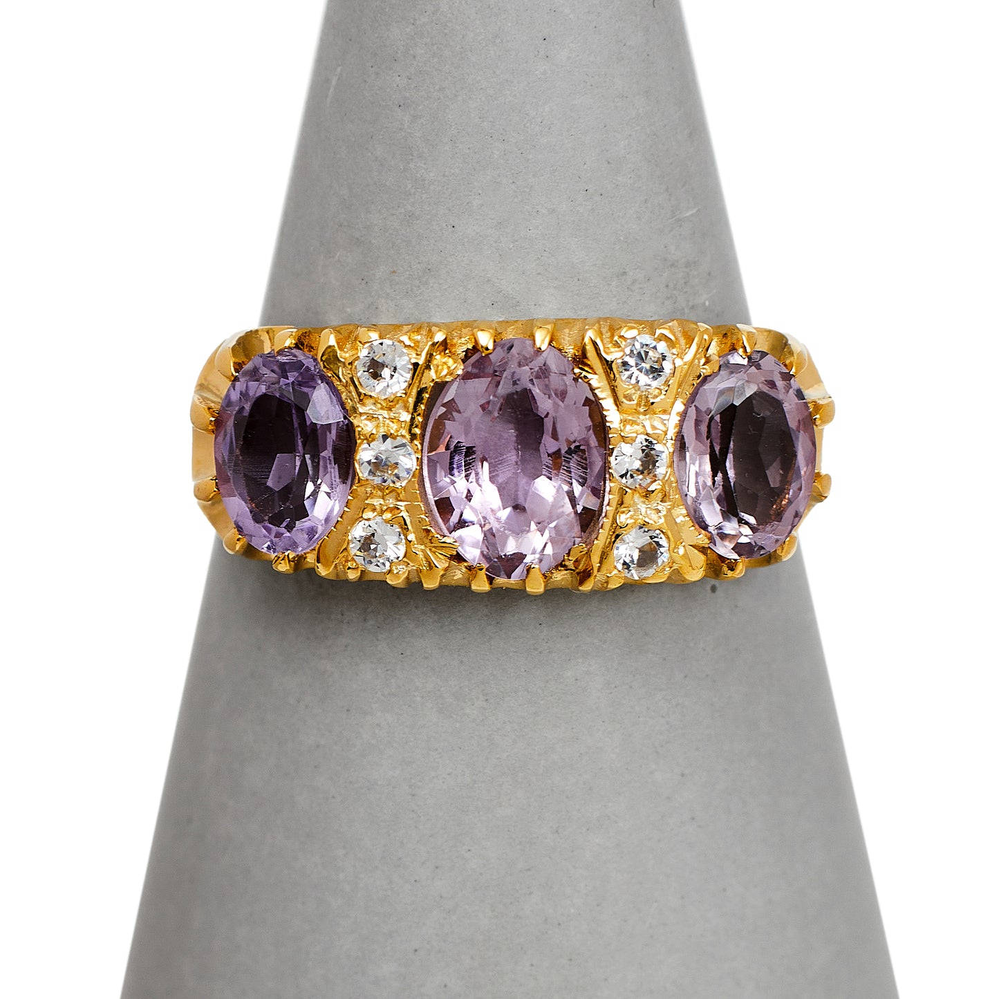 Pre-Owned 9ct Gold 3 Amethyst & 6 CZ Dress Ring Size U