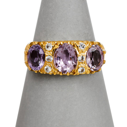Pre-Owned 9ct Gold 3 Amethyst & 6 CZ Dress Ring Size U